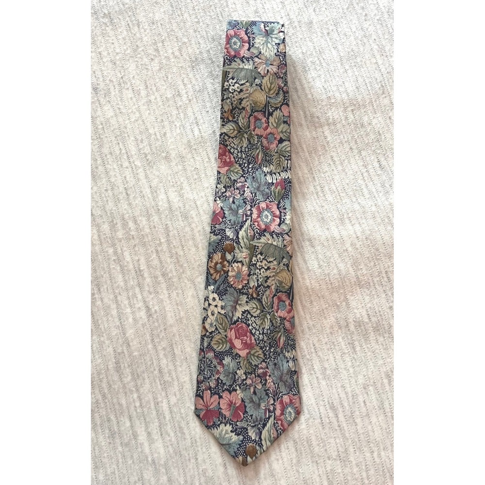 Vintage Surrey Mens Floral Tie Navy Pink Blue Botanical Cotton Made in USA